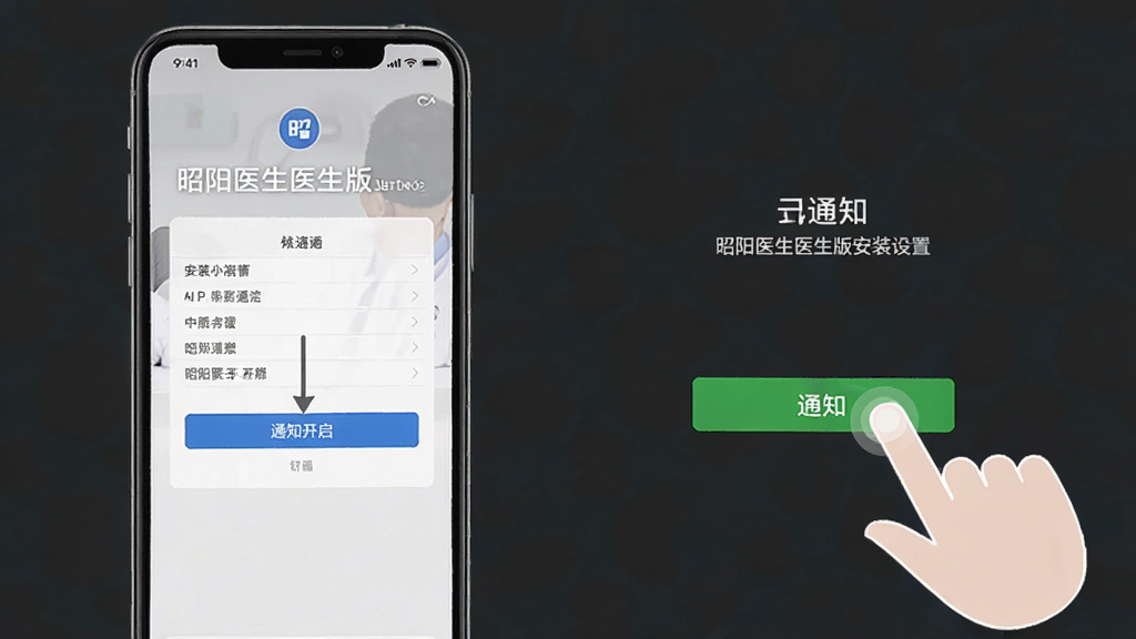 一张展示昭阳医生医生版安装设置步骤的图片,画面中手机屏幕显示权限设置和通知开启界面,旁边有手指点击操作的示意图,背景简洁,风格清晰明了,画质干净,无多余元素