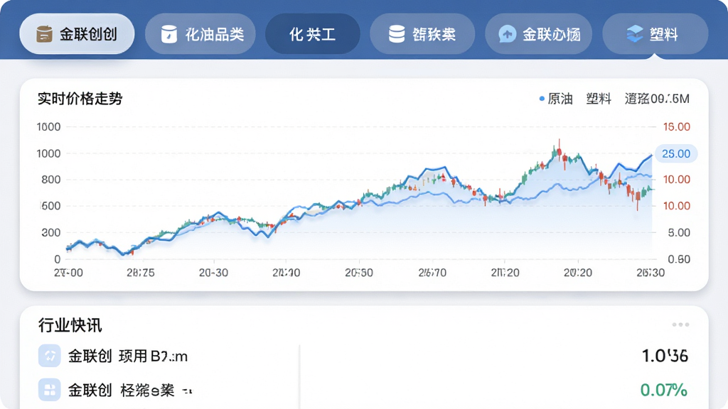 金联创 应用主界面 布局 上方显示原油 化工 塑料等品类导航栏 中间是实时价格走势折线图 下方是行业快讯列表 排版清晰 风格 现代商务简约 细节 图标圆润 数据卡片有轻微阴影 画质 高清 干净 无多余元素
