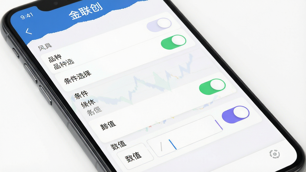 金联创 消息提醒设置界面 主体 手机屏幕显示预警设置选项 布局 列表形式 包含品种选择 条件选择 数值输入框 排版 简洁明了 风格 工具类应用设置页 细节 开关按钮有色彩区分 输入框有光标 画质 高清 干净 无多余元素