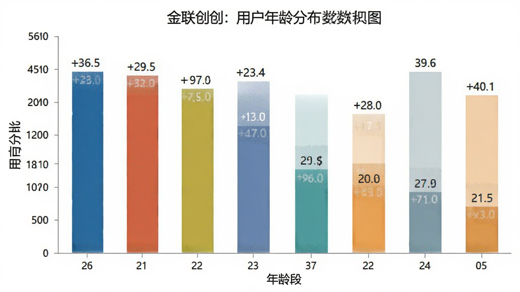 金联创 用户年龄分布柱状图 主体 柱状图展示不同年龄段用户占比 布局 横轴为年龄段 纵轴为百分比 排版 清晰 风格 数据统计图表 细节 柱子颜色区分 有数值标签 画质 高清 干净 无多余元素