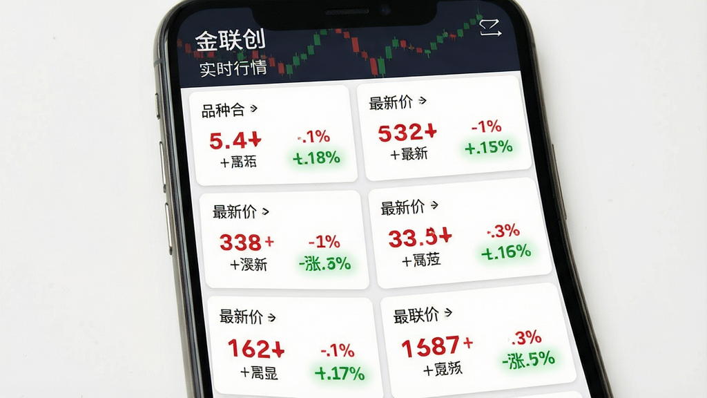 金联创 实时行情页面 主体 手机屏幕显示多个大宗商品价格卡片 布局 双列瀑布流 每个卡片有品种名称 最新价 涨跌幅百分比 排版 整齐对齐 风格 金融数据可视化 细节 红色涨绿色跌 数字字体加粗 画质 高清 干净 无多余元素