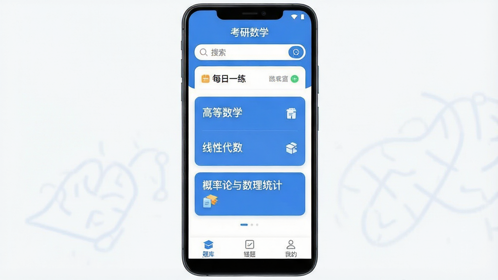 一张展示考研数学App核心界面的手机样机图。主体是一部竖屏安卓手机,屏幕内显示“考研数学”App的首页,顶部有搜索框和每日一练入口,中间是高等数学、线性代数、概率论与数理统计三大模块的卡片式入口,底部导航栏有题库、错题、我的三个标签。布局居中,排版清晰,风格为现代扁平化学习类应用设计,细节圆润,配色以蓝白为主,画质干净,无多余元素。
