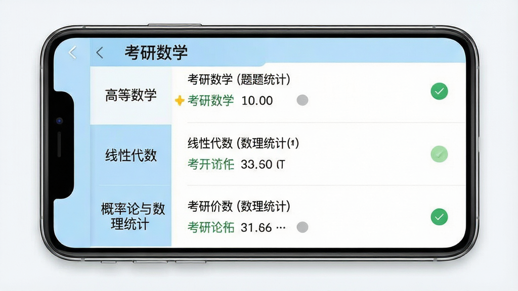 一张展示考研数学App题库分类页面的手机截图样机。主体是手机屏幕,画面中显示“考研数学”App的题库页面,左侧是高等数学、线性代数、概率论与数理统计的竖向分类标签,右侧对应展示各章节的题目列表,每道题旁边有做题状态标记。布局为左右分栏,排版整齐,风格为教育类App的清爽设计,细节清晰,配色以白色和浅蓝色为主,画质干净,无多余元素。