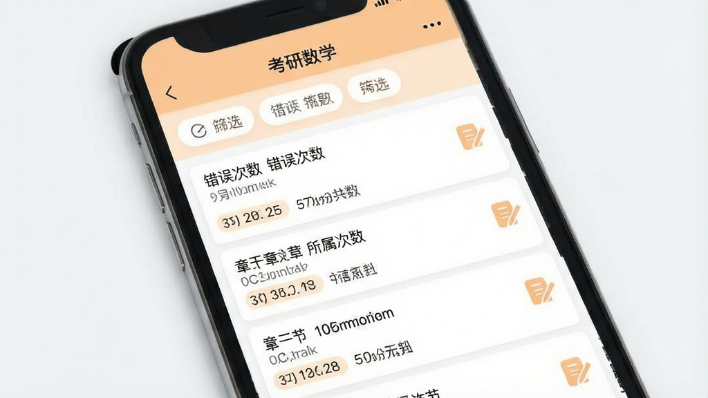 一张展示考研数学App错题本功能的手机界面样机。主体是手机屏幕,画面中显示“考研数学”App的错题本页面,顶部有筛选按钮,中间是错题列表,每道错题下方标注了错误次数和所属章节,右侧有笔记图标。布局为竖向列表,排版清晰,风格为学习工具类App的简洁设计,细节到位,配色以白色和淡橙色为主,画质干净,无多余元素。