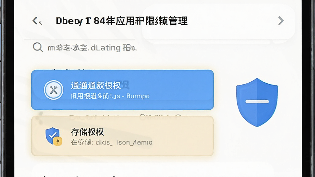 一张手机安全设置界面的示意图,画面显示应用权限管理页面,高亮标注通知权限和存储权限两个选项,旁边有盾牌图标表示安全提示,风格简洁清晰,画质干净,无多余元素