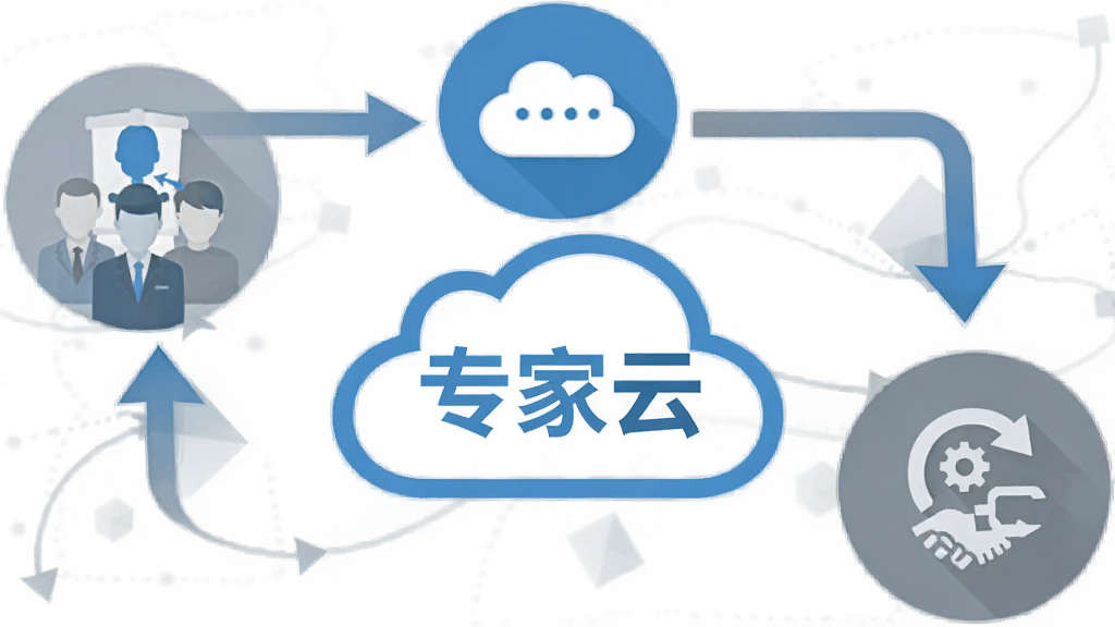 一张信息图表风格的插图,画面中央是“专家云”的文字标识,周围环绕着三个圆形图标分别代表匹配、沟通、跟踪,用箭头连接成流程,配色以蓝色和灰色为主,扁平化设计,画质干净,无多余元素