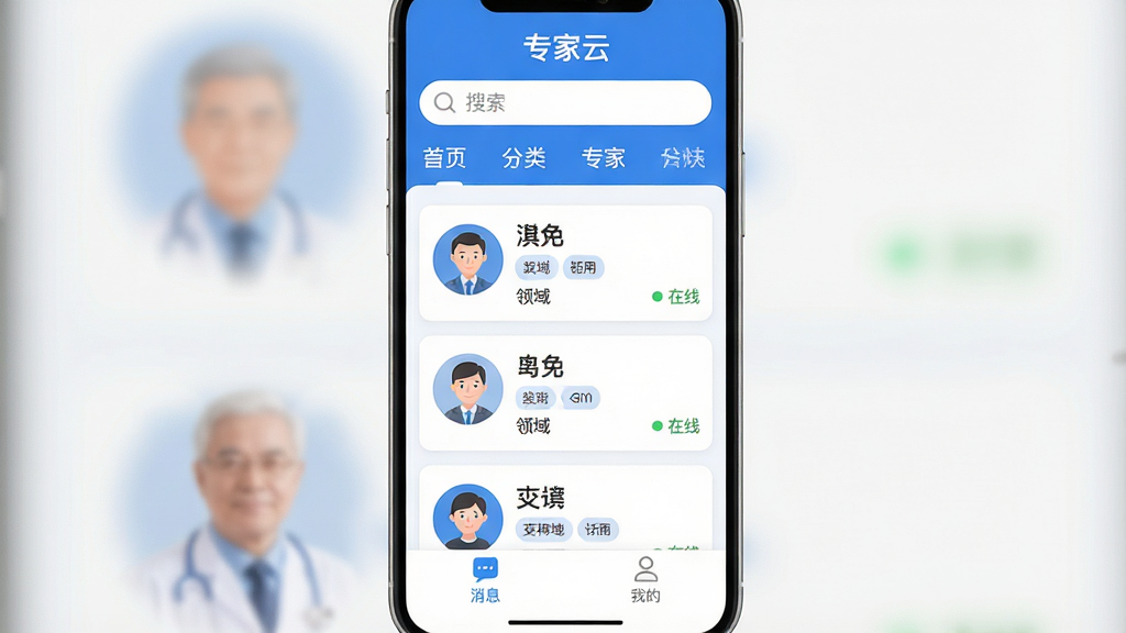 一张手机应用界面展示图,画面中央是“专家云”APP的主页面,顶部显示搜索框和分类标签,中间是专家列表卡片,每个卡片有头像、姓名、领域标签和在线状态,底部有消息和我的两个选项卡,整体配色以蓝白为主,风格简洁现代,扁平化设计,图标圆润,画质干净清晰,无多余元素