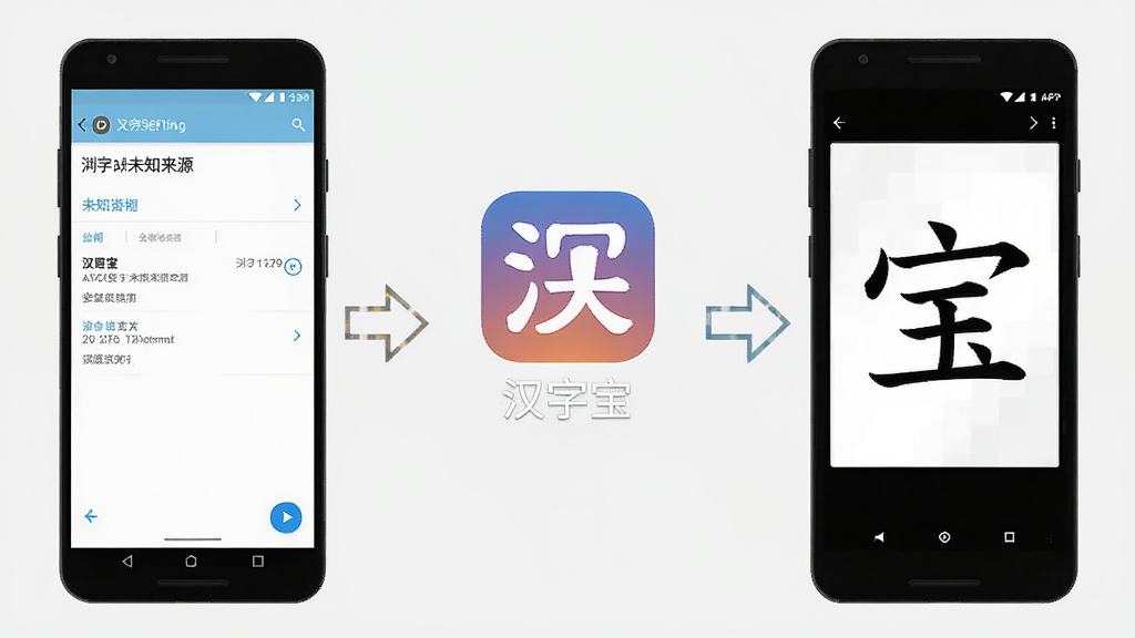 一张展示汉字宝APP在安卓手机上安装和使用步骤的示意图,画面分为三个部分,左边是手机设置中允许未知来源安装的界面,中间是汉字宝APP的启动图标和应用名称,右边是笔顺演示的主界面,整体排版清晰,用箭头连接三个步骤,风格简洁明了,画质干净,无多余元素
