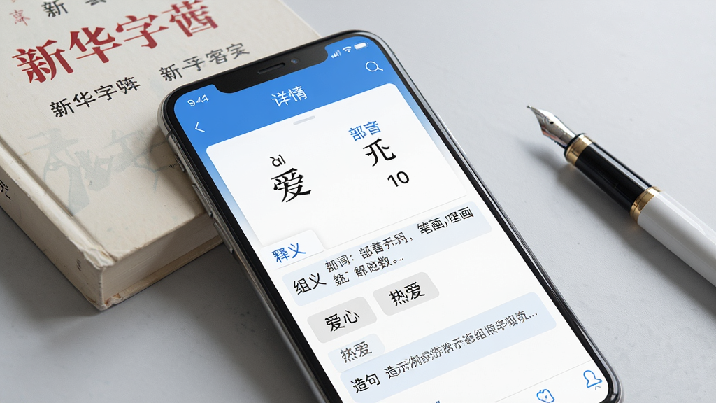 一张AI生成的汉字宝汉字详情页面展示图,画面主体是手机屏幕特写,屏幕上显示汉字宝APP中“爱”字的详情页面,页面包含拼音“ài”、部首“”、笔画数“10”、释义、组词“爱心”“热爱”以及造句示例,界面设计简洁,以蓝白配色为主,字体清晰易读,手机旁边放着一本新华字典和一支钢笔,背景是浅灰色桌面,整体风格干净利落,画质高清,无多余元素