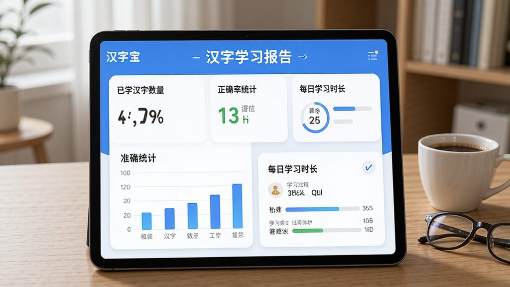 一张AI生成的汉字宝学习进度记录界面展示图,画面主体是平板电脑屏幕,屏幕上显示汉字宝APP的学习报告页面,包含已学汉字数量、正确率统计、每日学习时长等数据图表,界面以蓝色和白色为主色调,图表清晰直观,屏幕旁边有一杯咖啡和一副眼镜,背景是家庭书房的木质桌面,整体风格简洁现代,画质干净,无多余元素