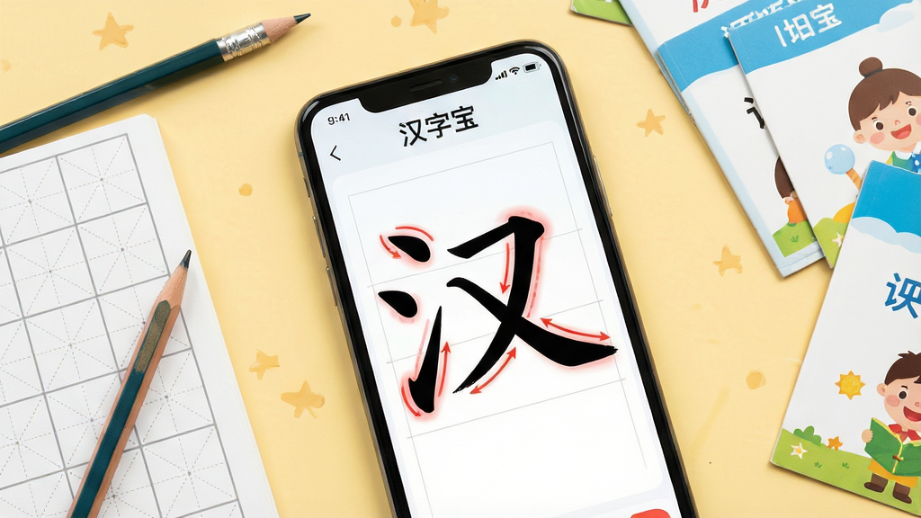 一张展示汉字宝软件核心功能的场景图,画面中央是一部智能手机,手机屏幕上显示汉字宝APP的界面,界面中有一个大大的汉字“汉”字正在展示笔顺动画,笔画用红色高亮标注书写顺序,屏幕上方有“汉字宝”三个字的应用名称,手机周围散落着铅笔、田字格本和几本儿童识字卡片,背景是温馨的浅黄色书桌桌面,整体风格清新明快,画质干净清晰,无多余元素