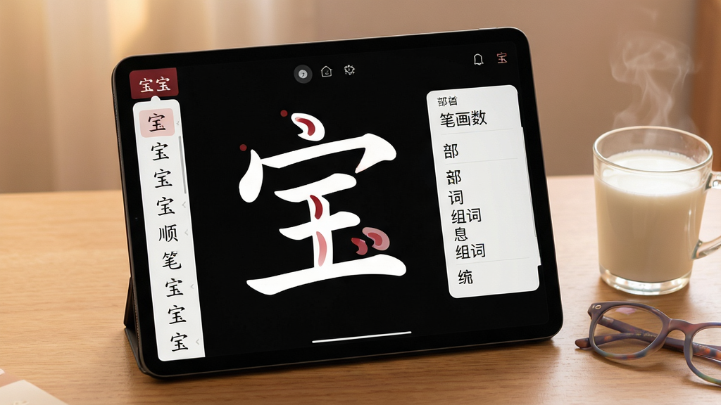 一张AI生成的汉字宝笔顺演示功能展示图,画面主体是平板电脑屏幕,屏幕上显示汉字宝APP的笔顺动画界面,正在演示“宝”字的书写过程,每一笔用不同深浅的红色标注先后顺序,屏幕左侧有汉字列表,右侧有笔画数、部首、组词等基本信息,平板放在木质桌面上,旁边有一杯热牛奶和一副儿童眼镜,整体色调温暖柔和,排版清晰,画质细腻干净,无多余元素