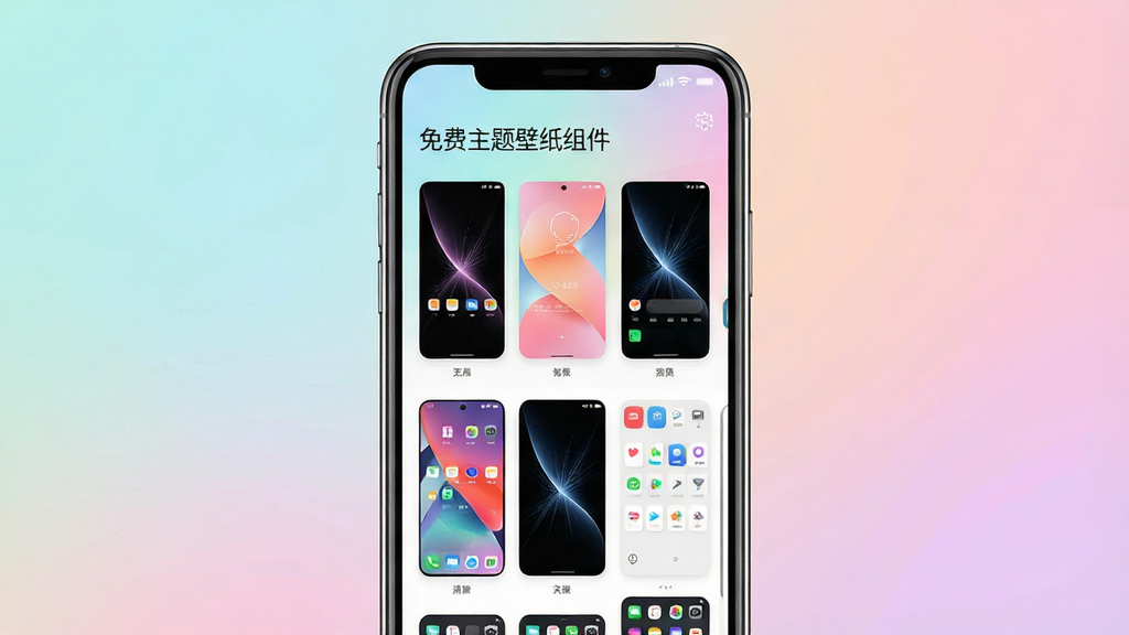 一张展示手机桌面美化效果的图片,画面中央是一部智能手机,屏幕上显示着“免费主题壁纸组件”的APP界面,界面里有多种风格的壁纸缩略图和桌面小组件预览,背景是柔和的渐变色彩,整体风格清新简洁,细节清晰,画质干净,没有多余元素
