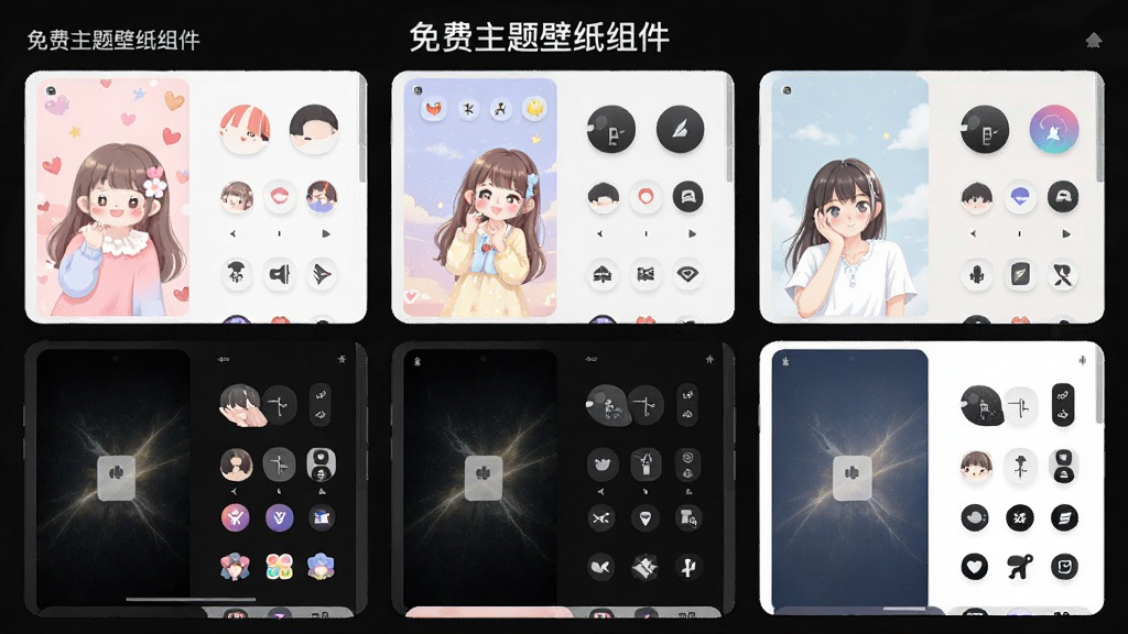 一张展示“免费主题壁纸组件”主题包预览界面的图片,画面中手机屏幕上显示着多个完整的主题套装预览图,每个套装都包含壁纸、组件和图标,界面排版整齐,风格多样,有可爱风、简约风、暗黑风等,画质清晰,细节丰富