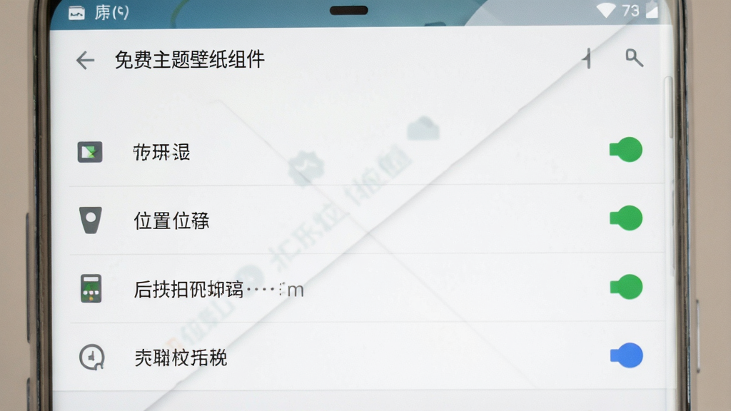 一张展示“免费主题壁纸组件”在手机设置中权限管理界面的图片,画面中手机屏幕显示着应用权限列表,存储、位置、后台弹出界面等权限选项清晰可见,界面风格原生安卓,布局规整,画质干净