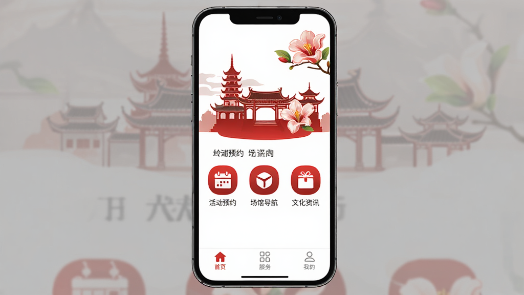 手机屏幕居中展示文化广东App主界面,顶部显示岭南建筑轮廓和木棉花元素,中间是活动预约、场馆导航、文化资讯等功能入口图标,底部为首页、服务、我的三个选项卡,整体以红白为主色调,风格简洁大气,画质干净无多余元素