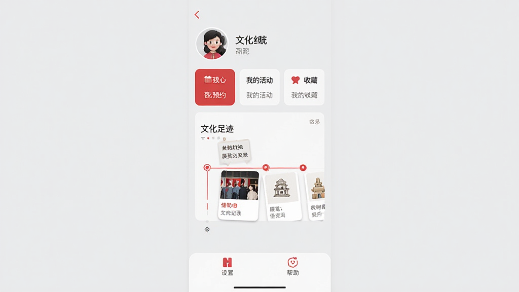 文化广东App个人中心页面,顶部显示用户头像和昵称,下方展示“我的预约”“我的活动”“我的收藏”等模块,中间有文化足迹时间轴,记录近期参与的展览和借阅记录,底部为设置和帮助入口,整体以浅灰色和红色点缀,风格简约清爽,画质干净无多余元素
