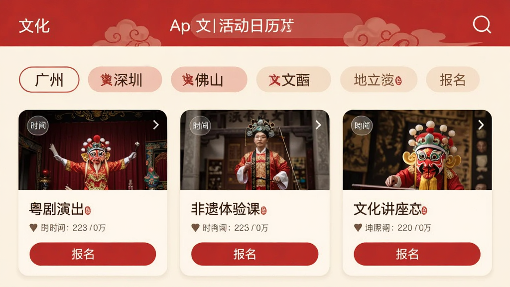 文化广东App活动日历界面截图,画面中显示广州、深圳、佛山等城市标签,下方列出粤剧演出、非遗体验课、文化讲座等活动卡片,每张卡片带有时间、地点和报名按钮,整体排版清晰,以红色和米白色为主,风格现代扁平,画质干净无多余元素
