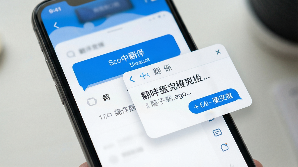 同言翻译 手机屏幕展示 蓝白配色 界面简洁 翻译对话框 中英文字符 悬浮窗 扁平化风格 高清画质 干净无多余元素