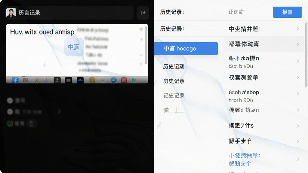 同言翻译 文本翻译界面 左右分屏 左侧输入英文 右侧显示中文 历史记录列表 简约白色背景 蓝色高亮按钮 扁平化风格 高清画质 干净无多余元素