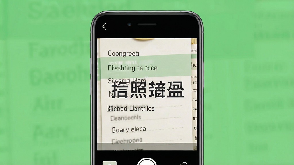 同言翻译 拍照翻译功能界面 手机摄像头对准英文菜单 屏幕显示翻译后的中文文字 叠加效果 清新绿色调 扁平化设计 高清画质 干净无多余元素