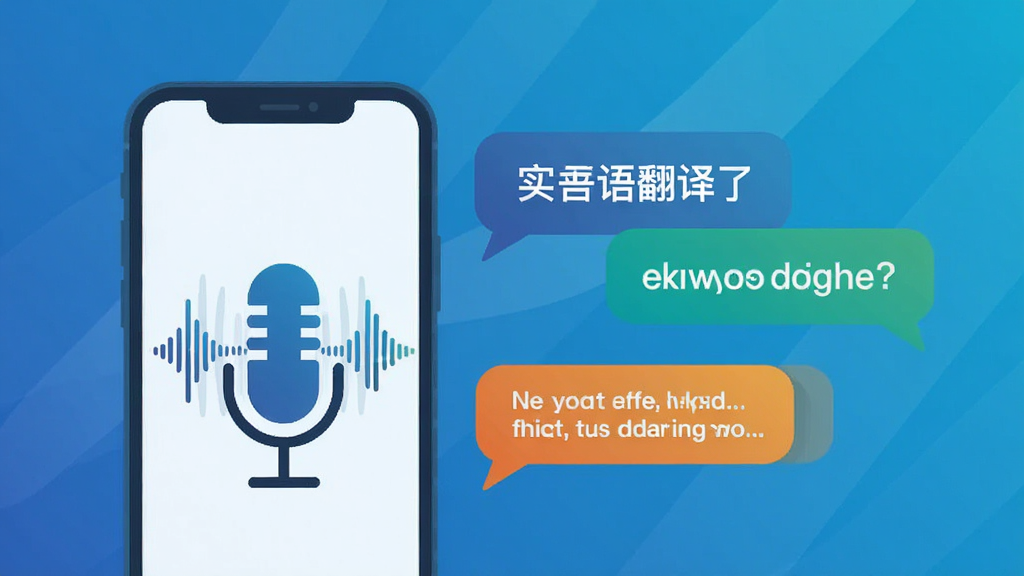 同言翻译 实时语音翻译场景 手机麦克风图标 声波纹理 中英双语对话气泡 科技蓝渐变背景 扁平插画风格 高清画质 干净无多余元素