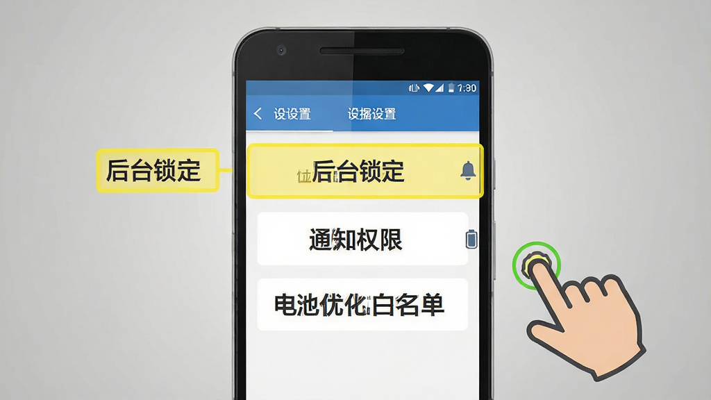 工业云监控手机端设置界面操作指引,画面展示一部安卓手机,屏幕显示设置菜单,高亮标注“后台锁定”“通知权限”“电池优化白名单”三个选项,旁边有手指点击的图标,背景是简洁的灰色渐变,风格扁平化教程图,布局清晰,文字标签明确,画质干净无多余元素