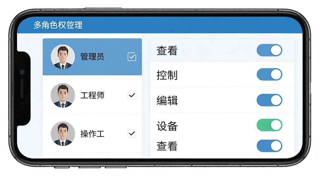 工业云监控多角色权限管理界面,手机屏幕显示用户列表和权限勾选框,左侧是三个用户头像分别标注管理员、工程师、操作工,右侧是设备列表和对应的查看、控制、编辑权限开关,界面风格简洁商务,蓝白配色,布局清晰,细节规整,画质干净无多余元素