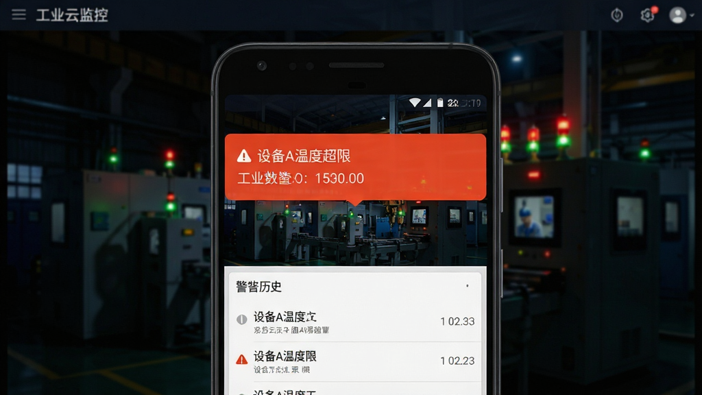 工业云监控远程告警推送界面,一部安卓手机屏幕上方弹出告警通知卡片,卡片内写有“设备A温度超限”和当前数值,背景是工厂夜间场景,有设备指示灯闪烁,手机下方是告警历史记录列表,整体色调偏暗,通知卡片用醒目的橙红色高亮,风格写实,布局清晰,细节干净,画质清晰无多余元素
