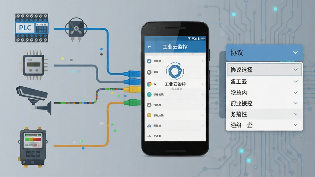 工业云监控多协议设备接入示意图,画面左侧是各类工业设备图标包括PLC、传感器、摄像头、电表,中间用不同颜色的数据线连接到一部安卓手机上,手机屏幕显示“工业云监控”设备添加界面,右侧是协议选择下拉菜单,整体风格扁平化科技感,蓝灰配色,布局规整,细节清晰,画质干净无多余元素