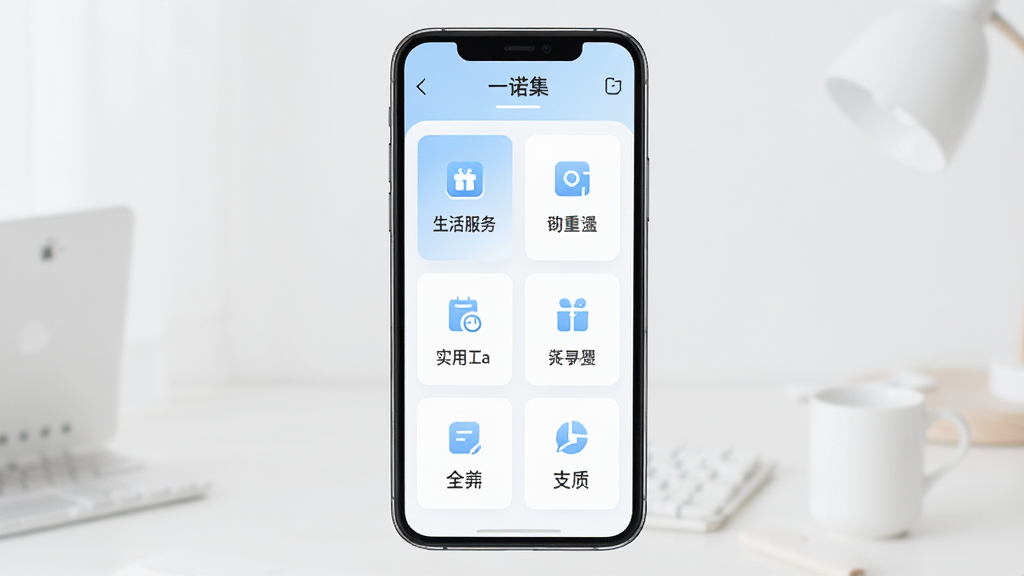 一诺集App主界面全貌展示,手机屏幕居中,界面顶部是简约的导航栏,中间是功能卡片式布局,包含生活服务、实用工具等图标,整体色调清爽舒适,白色背景搭配淡蓝色点缀,画面干净整洁,高清画质,无多余元素,软件名称“一诺集”清晰可见。