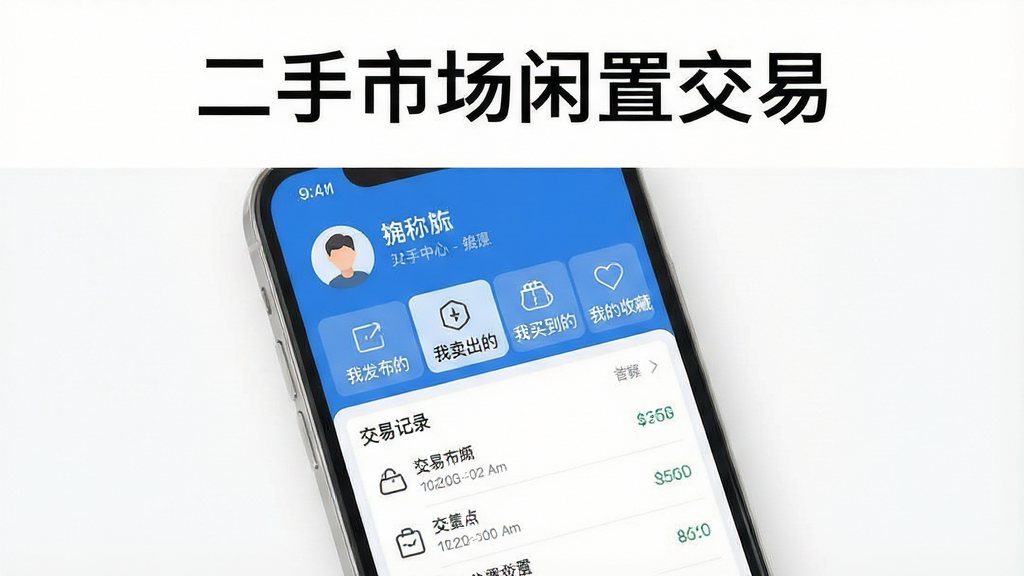 一张展示二手市场闲置交易App个人主页管理界面的图片,主体为手机屏幕,屏幕上显示个人中心页面,顶部是用户头像和昵称,中间有“我发布的”、“我卖出的”、“我买到的”、“我的收藏”四个功能入口,下方是交易记录列表,布局清晰有层次,风格简洁现代,细节上图标为线性简约风格,颜色以蓝白为主,画质干净无多余装饰,背景为白色,图片中带有文字“二手市场闲置交易”。