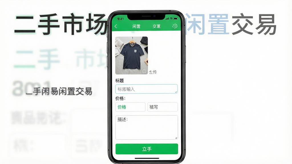 一张展示二手市场闲置交易App发布闲置物品流程的图片,主体为手机屏幕画面,画面中显示正在编辑一件二手衣服的商品信息,包含照片上传区域、标题输入框、价格填写栏和描述文本框,布局从上到下依次排列,风格简洁明快,细节上按钮为醒目的绿色,输入框有浅灰色边框,画质干净清晰,背景为白色,图片中带有文字“二手市场闲置交易”。