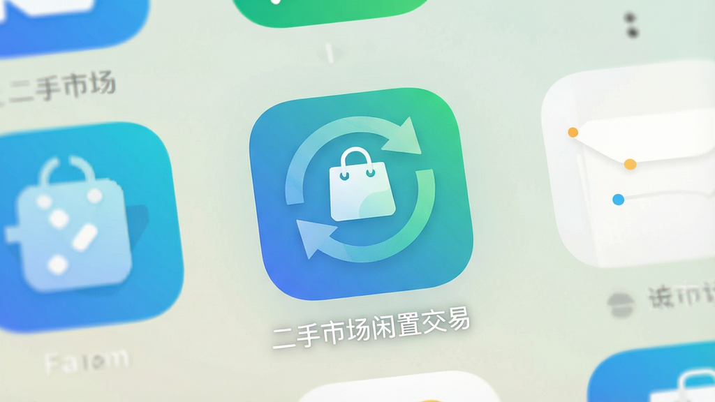 一张展示二手市场闲置交易App在手机桌面上安装完成的图片,主体为手机主屏幕,屏幕上显示二手市场闲置交易App的图标,图标设计为两个循环箭头围绕一个购物袋的图案,图标下方有文字“二手市场闲置交易”,布局为手机桌面网格排列,风格扁平化设计,细节上图标圆角矩形、颜色为蓝绿渐变,画质干净清晰,背景为手机壁纸浅色系。