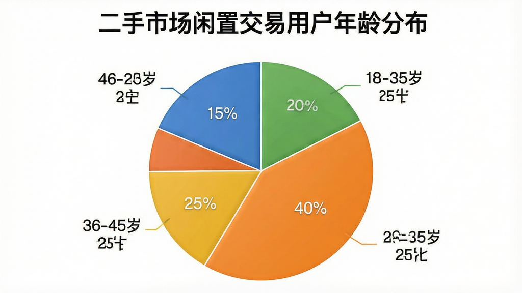 一张展示二手市场闲置交易App用户年龄分布的饼状图,主体为饼状图图表,布局为圆形饼图居中,周围标注各年龄段占比,风格简洁商务,细节上不同扇区用不同颜色区分并标注百分比,18-25岁占比约25%,26-35岁占比约40%,36-45岁占比约20%,46-60岁占比约15%,画质干净清晰,背景为白色,图表标题为“二手市场闲置交易用户年龄分布”。