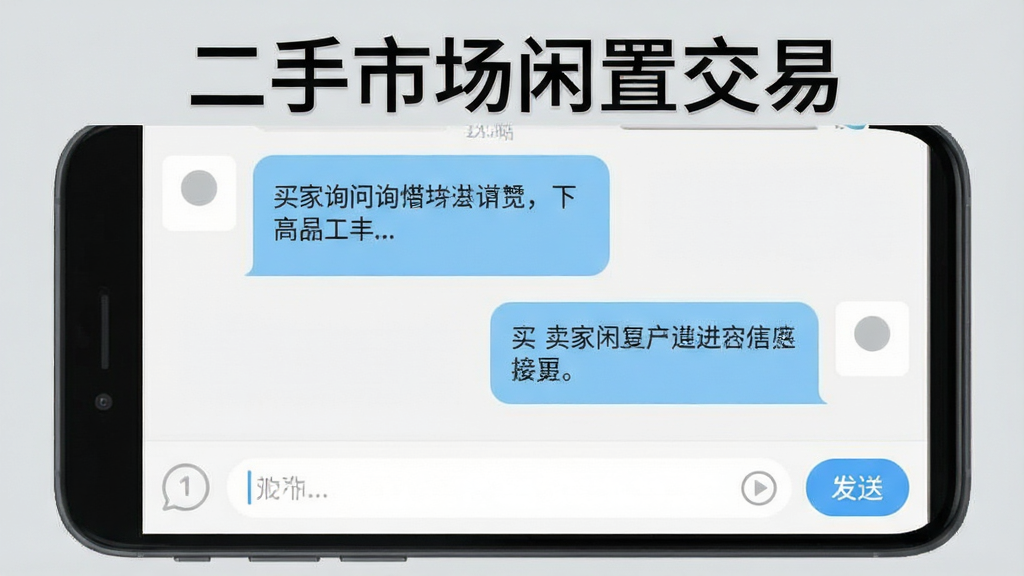 一张展示二手市场闲置交易App聊天沟通界面的图片,主体为手机屏幕,屏幕上显示买卖双方的对话窗口,左侧是买家询问商品细节的消息气泡,右侧是卖家回复的消息气泡,底部有输入框和发送按钮,布局为典型的聊天界面排版,风格清爽干净,细节上气泡颜色为浅蓝和白色,头像为默认图标,画质清晰无杂乱元素,背景为浅灰色,图片中带有文字“二手市场闲置交易”。