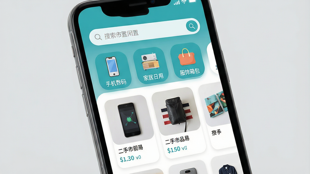 一张展示二手市场闲置交易App核心界面的详细图片,主体为一部智能手机屏幕,屏幕上显示着二手市场闲置交易App的主页,布局包含顶部搜索栏、中间分类图标如手机数码、家居日用、服饰箱包,下方是商品信息流卡片展示二手物品图片和价格,排版清晰整齐,风格现代简约扁平化,细节上图标圆润、色彩以蓝绿色为主调,画质干净清晰无多余元素,背景为纯色浅灰。