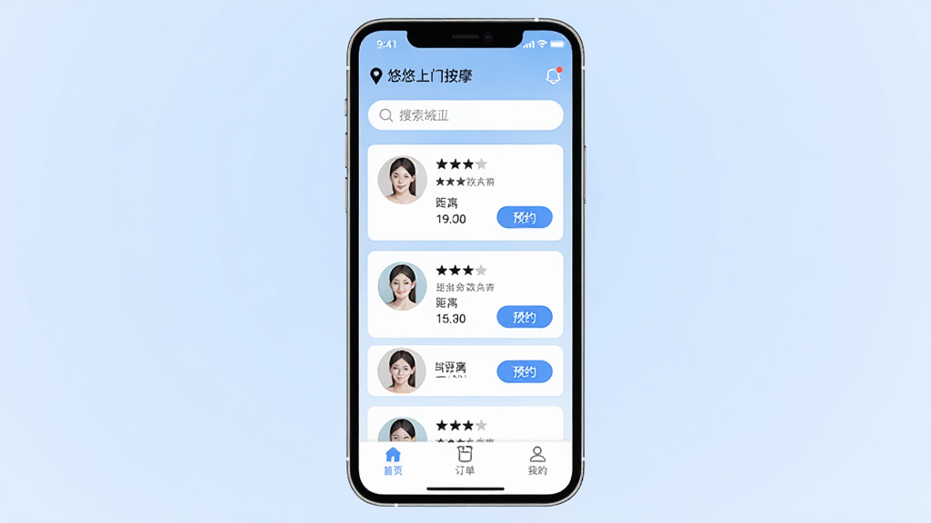 悠悠上门按摩APP主界面展示,手机屏幕居中,顶部显示城市定位和搜索栏,中间是技师列表卡片,每个卡片包含头像、评分、距离和预约按钮,底部导航栏有首页、订单、我的三个选项,背景为柔和的浅蓝色渐变,整体风格清新简洁,画质干净无多余元素