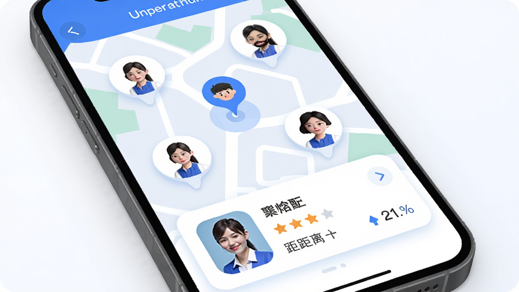 悠悠上门按摩APP的技师匹配界面,手机屏幕显示地图模式,地图上有多个技师头像图标分布在用户位置周围,下方弹出技师详情卡片,包含照片、姓名、评分和距离信息,界面风格现代扁平,蓝白配色,细节圆润,画质高清
