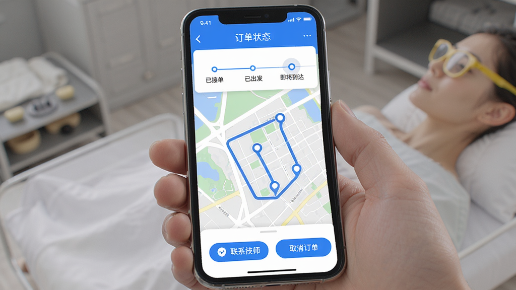 悠悠上门按摩APP的订单跟踪界面,手机屏幕显示地图和技师移动轨迹,上方有订单状态时间轴,显示已接单、已出发、即将到达等节点,底部有联系技师和取消订单按钮,界面风格现代,蓝白配色,画质高清