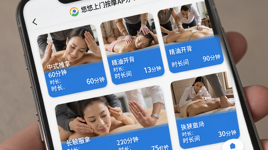 悠悠上门按摩APP的服务项目列表界面,手机屏幕显示多个服务卡片,每个卡片包含项目名称、时长和价格,如中式推拿60分钟、精油开背90分钟等,界面风格简洁商务,白色背景搭配蓝色强调色,文字清晰,画质干净无多余元素