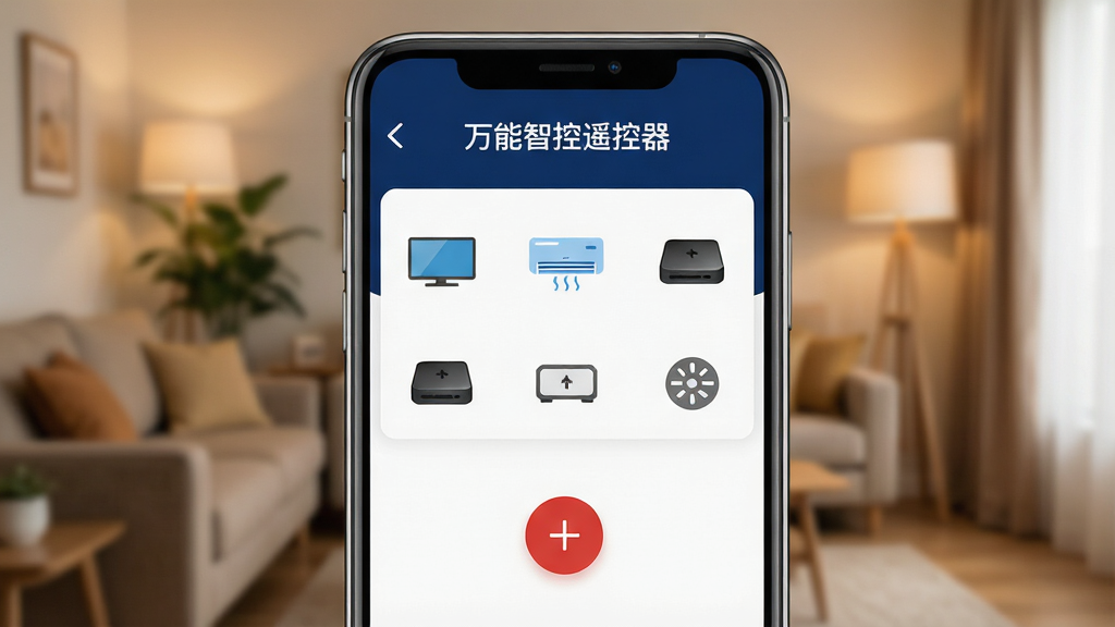一张手机屏幕特写,画面中央是万能智控遥控器App的主界面,界面设计简洁现代,以深蓝色和白色为主色调,顶部显示“万能智控遥控器”字样,中间区域排列着电视、空调、机顶盒等家电图标,下方有一个醒目的红色“+”添加按钮,背景是温馨的客厅环境虚化处理,风格写实科技感,细节清晰,画质干净,无多余元素