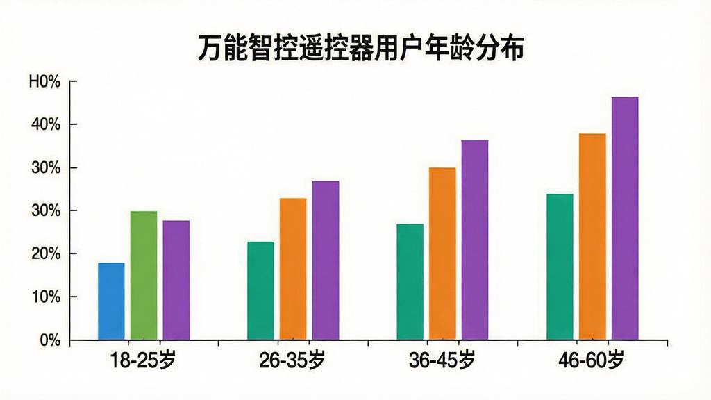 一张柱状图,展示万能智控遥控器用户的年龄分布,横轴为年龄段“18-25岁”“26-35岁”“36-45岁”“46-60岁”,纵轴为用户占比百分比,柱子颜色分别为蓝色、绿色、橙色、紫色,图表标题为“万能智控遥控器用户年龄分布”,背景白色,风格简洁数据可视化,画质干净,无多余元素
