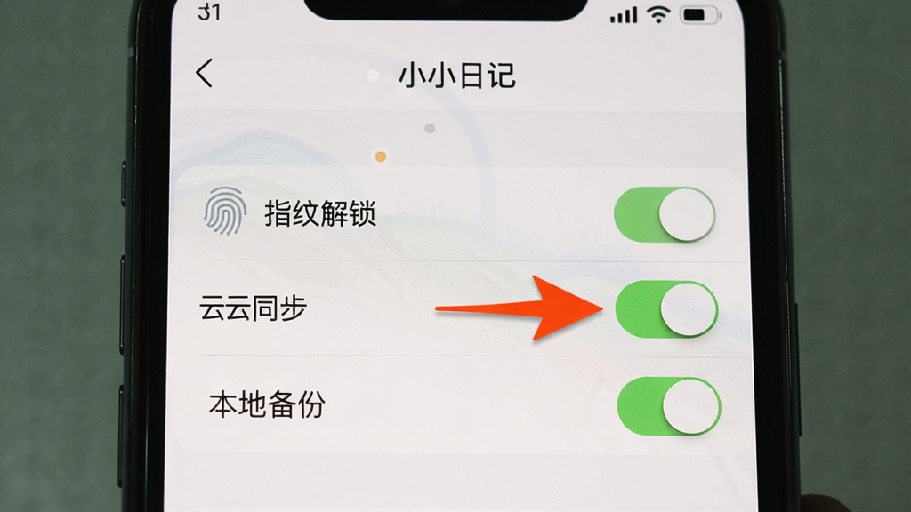 一张手机屏幕截图风格的图片,展示“小小日记”的设置页面,页面中有“指纹解锁”“云同步”“本地备份”等选项开关,画面中有红色箭头指向“指纹解锁”开关,背景是浅色界面,风格写实,画质清晰