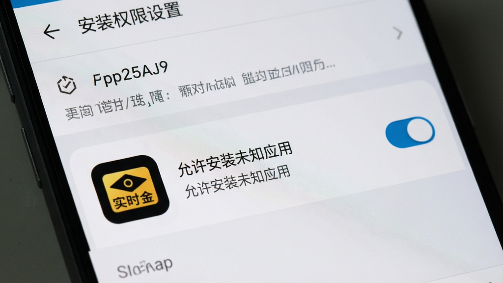 一张展示实时金App在安卓手机上安装权限设置界面的图片,画面中显示“允许安装未知应用”的开关按钮,旁边有实时金图标,背景是手机设置菜单,风格写实,画质清晰干净