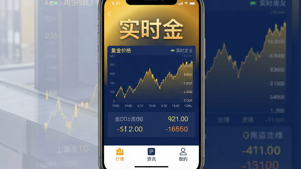 一张手机屏幕展示实时金App主界面的图片,画面中央是明亮的黄金色与深蓝色调搭配,顶部显示“实时金”三个大字,中间是黄金价格走势折线图和数字报价,底部有行情、资讯、我的三个图标按钮,整体风格现代简洁,画质干净无多余元素