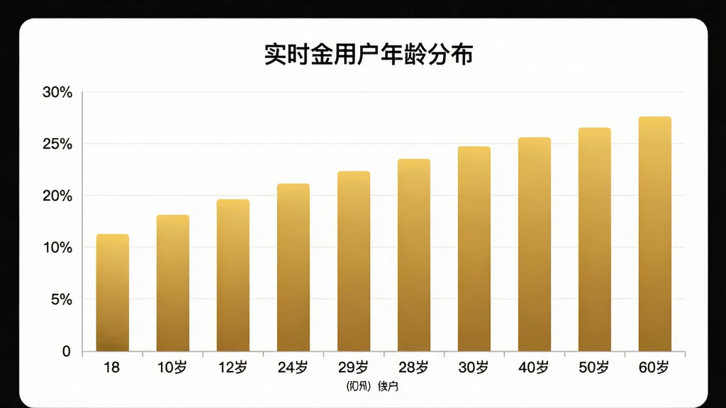一张展示实时金App用户年龄分布的柱状图图片,横轴是18-60岁不同年龄段,纵轴是用户人数占比,柱子颜色为金色渐变,背景白色,图表标题为“实时金用户年龄分布”,风格简洁数据可视化,画质干净无多余元素