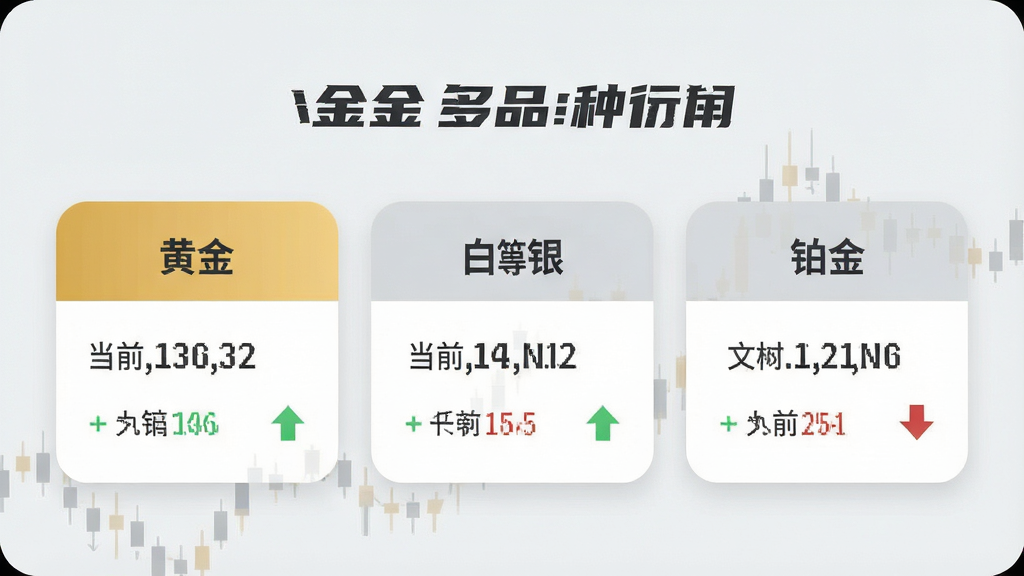 一张展示实时金App多品种行情页面的图片,画面中同时出现黄金、白银、铂金三个卡片式报价框,每个框内有品种名称、当前价格和涨跌箭头,背景是浅灰色,卡片圆角设计,风格现代扁平,画质清晰干净