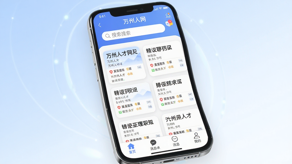 一张展示万州人才网APP核心全貌的图片,主体是一个现代智能手机,屏幕上显示着万州人才网的首页界面,界面顶部有搜索框,中间是各种职位卡片列表,底部有消息、我的等导航栏,布局清晰,排版整洁,风格现代扁平化,细节圆润,画质干净无多余元素,背景为柔和的蓝白渐变,突出招聘求职的科技感与便捷性。