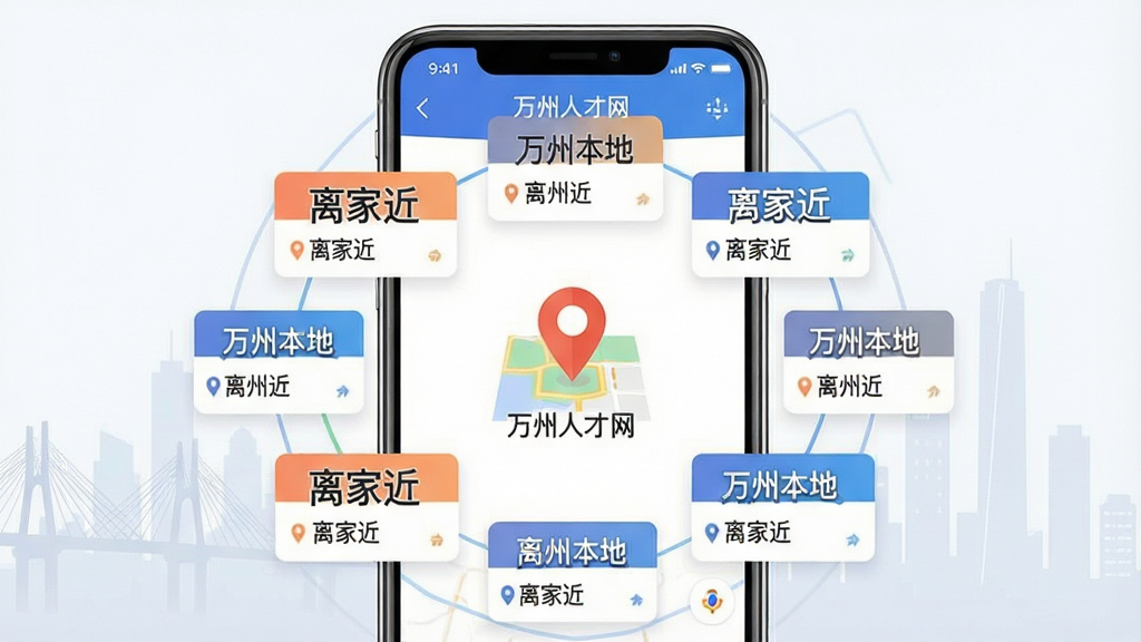 一张展示万州人才网本地职位推荐功能的图片,画面中心是一个手机屏幕,屏幕上显示着地图定位图标和周围环绕的职位卡片,卡片上写着“万州本地”、“离家近”等字样,布局采用环绕式排版,风格简洁明快,细节清晰,画质干净,背景是万州城市剪影的淡色底纹。